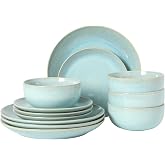 Gibson Elite Pine Coast Plates and Bowls Sets, 12-Piece Stoneware Dinnerware Sets, Reactive Glaze Dish Set - Blue