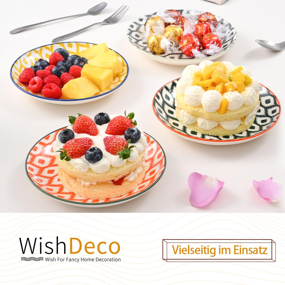 WishDeco Kuchenteller 6er Set, Kleine Dessertteller 15cm, Porzellan Salatteller, Bunte Frühstücksteller, Mini Speiseteller für Pasta, Obst, Brot 8