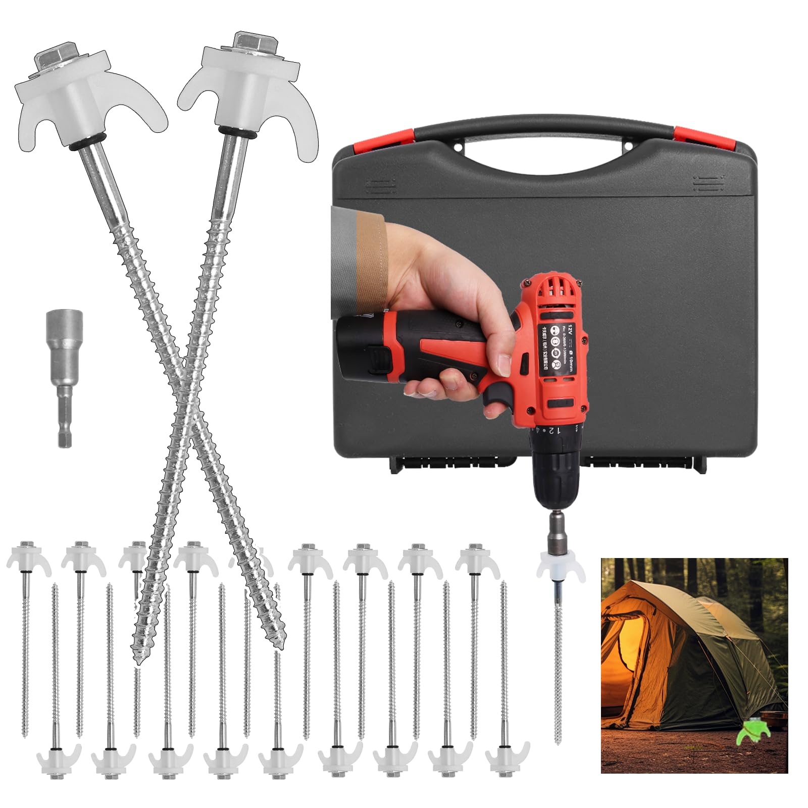 Photo 1 of 8" Screw in Tent Stakes - 12 Pack Heavy Duty Glow in The Dark Ground Anchors for Camping, Canopy, Awning and Outdoor Use Tent Pegs - Durable Metal Tent Spikes with Hex Head Driver & Storage Box