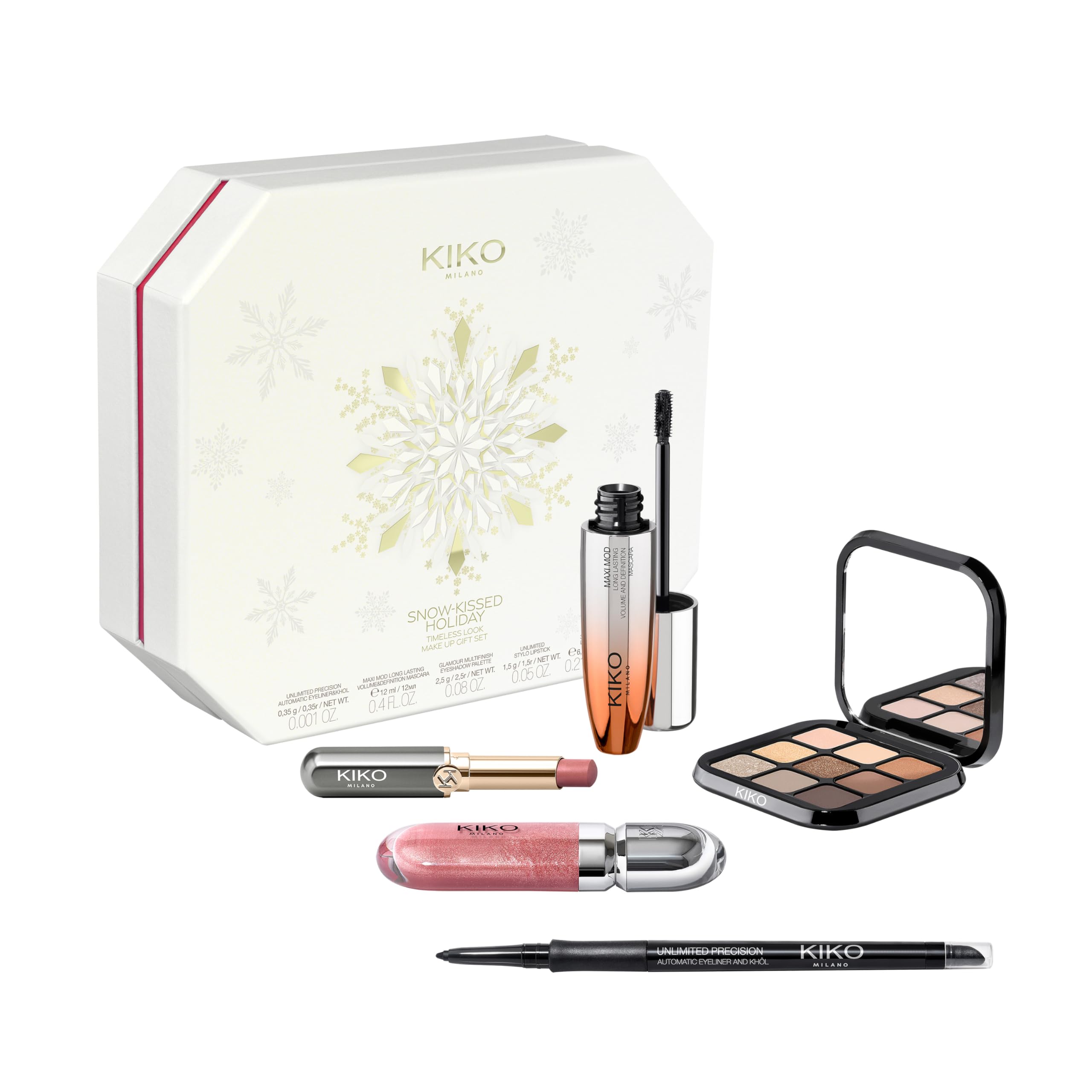 KIKO Milano Snow-Kissed Holiday Timeless Look Makeup Gift Set, Makeup Gift Set: Volumising Mascara, Eyeliner, Eyeshadow Palette, Lip Gloss And Lipstick