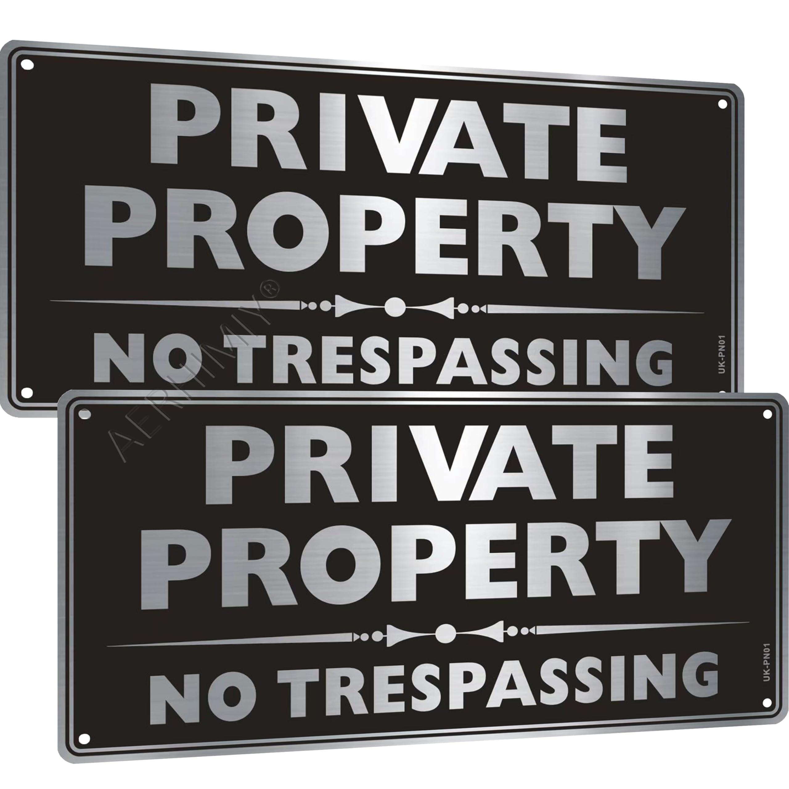 2 Pack Private Property No Trespassing Metal Signs 5.9x11.8 Inches, Brushed Silver, 4 Drilled Holes