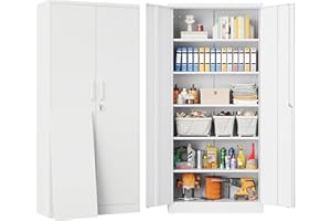 SISESOL White Metal Storage Storage Cabinet with 5 Adjustable Shelves,Metal Cabinet with Locking Doors,71" Lockable Cabinets with Lock,Steel Pantry Closet Locker for Home,Office,Garage,Kitchen,Shop