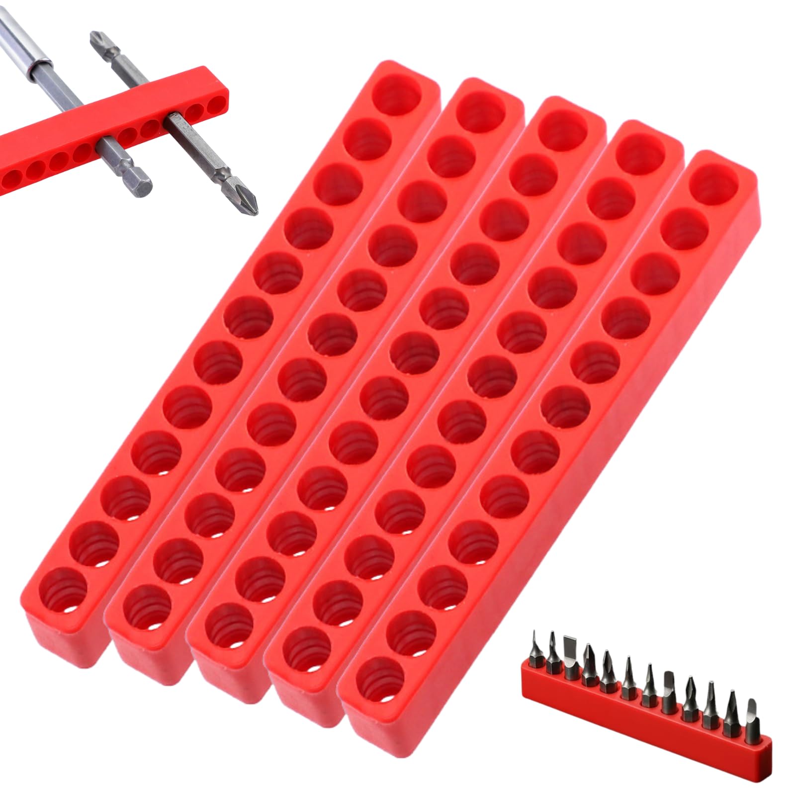 Ouitble Hex Bit Organizer 5pcs 12 Holes Hex Bit Holder Storage Case Hex Plastic Rubber Strips Red 9.2×1.5cm for Screwdrivers Drill Wrench