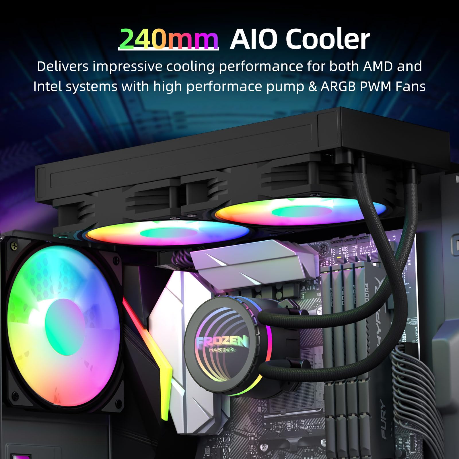 240mm AIO ARGB CPU Liquid Cooler, 2×120mm PWM Fans, Black CPU Water Cooler for AMD/AM5/AM4, Intel LGA 1700/1150/1151/2011, Gaming
