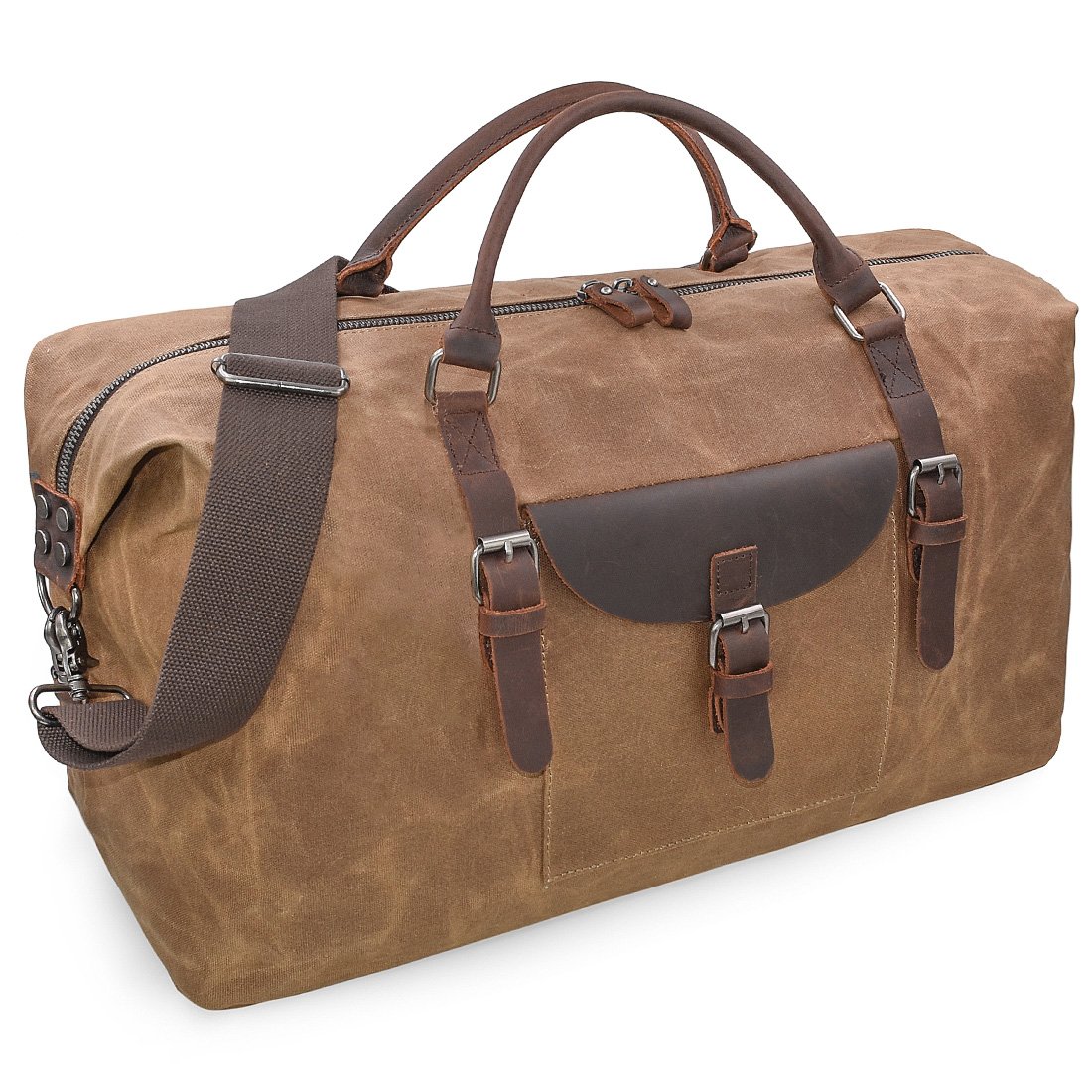 Mens Travel Holdall Duffle Bag Leather Weekend Overnight Bag Waterproof Large Canvas Holdall Camping Bag (Brown)