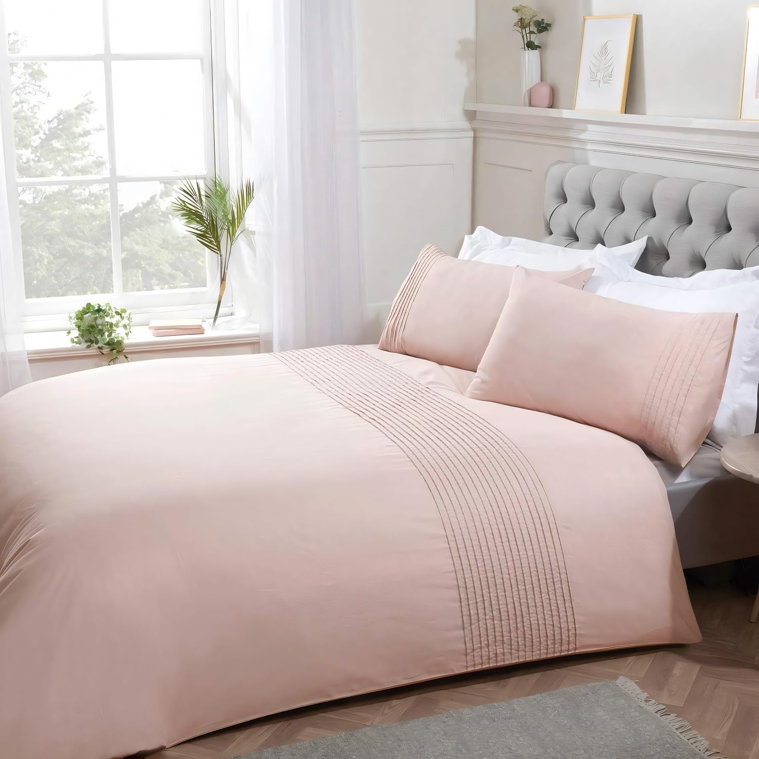 Sleepdown Pintuck Pleated Striped Panel Blush Pink Luxury Easy Care Soft Cosy Duvet Cover Quilt Bedding Set with Pillowcases - King (220 cm x 230 cm)