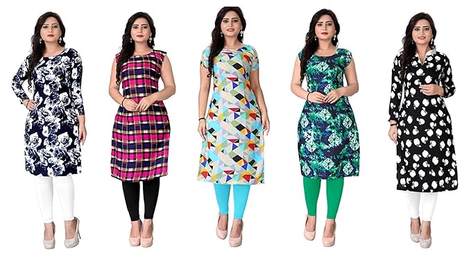 Women's Crepe A-Line Semi-Stitched Kurti (1024,25,40,53,57, Multicolour, Free Size) - Pack of 2