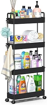 SOLEJAZZ 4-Tier Slim Storage Trolley Cart with 6 Hooks Black Plastic view 1
