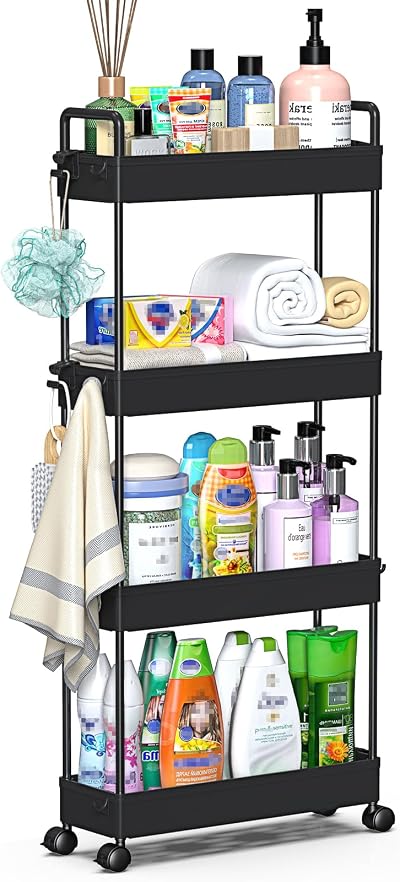 SOLEJAZZ 4-Tier Slim Storage Trolley Cart with 6 Hooks Black Plastic