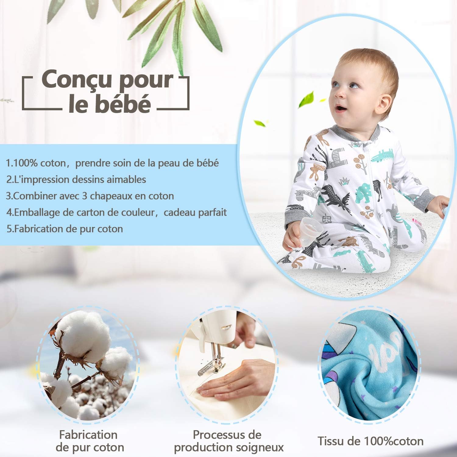 0 3mois S Lictin 3pcs Pyjama Bebe Naissance Zippe 100 Coton Grenouillere Pyjama Combinaisons Pyjamas Bebe A Manches Longues Avec 3pcs Chapeaus Conception Antiderapante Sur Pied Vetements De Nuit Et Peignoirs Dors Bien Nabadalshamal Com