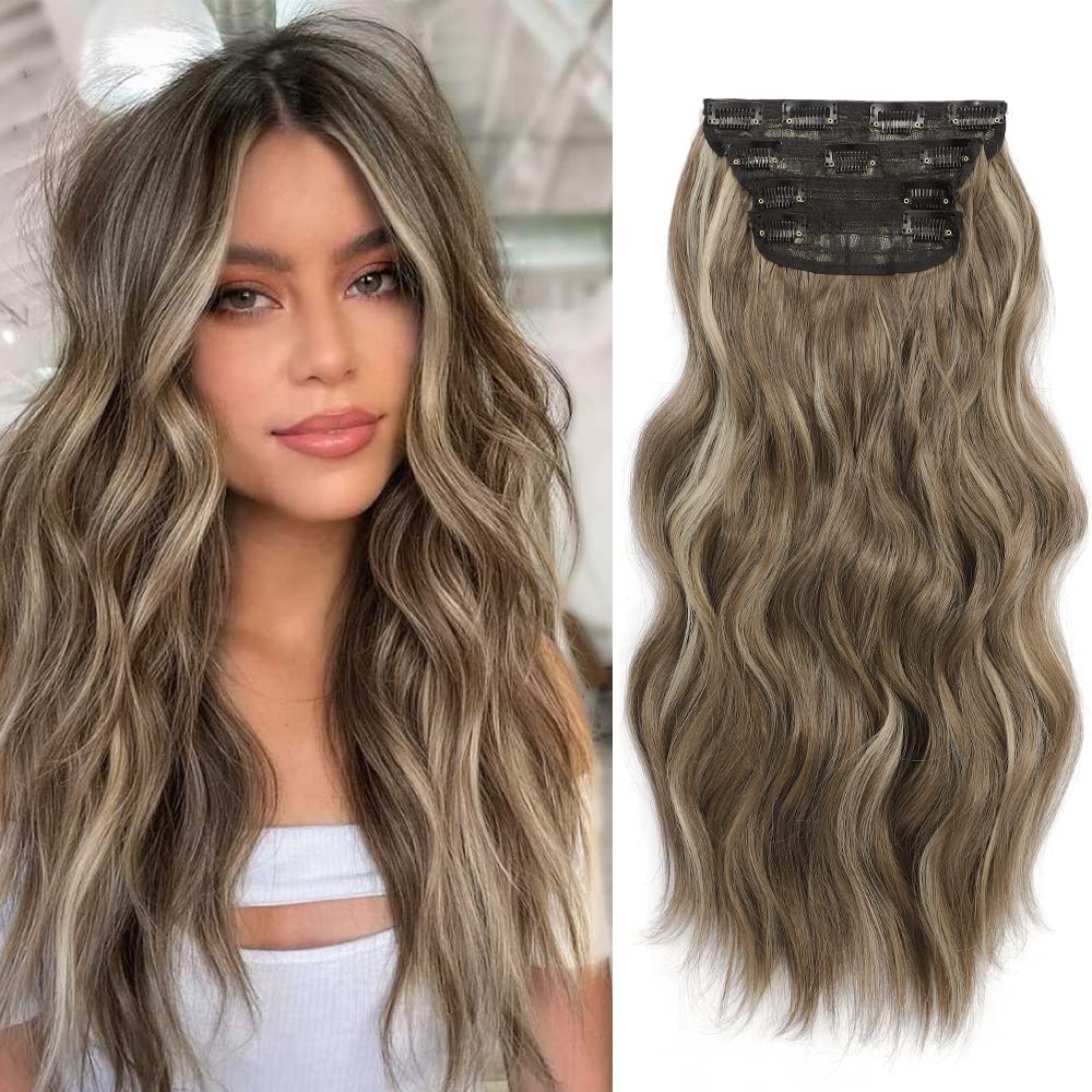 Clip in Hair Extensions 4PCS Thick Full Head Ash Brown with Highlights 20Inch Hair Extensions Clip in Curly Wavy Synthetic Hair Extension Hairpieces — image 1