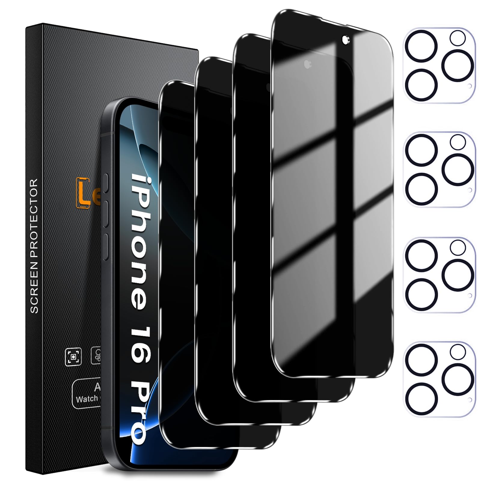 Photo 1 of Lesakit 4+4 Pack Privacy Screen Protector for iPhone 16 Pro 6.3-Inch with 4 Pack Camera Lens Protector, Anti Spy Tempered Glass Film 9H Hardness Case Friendly