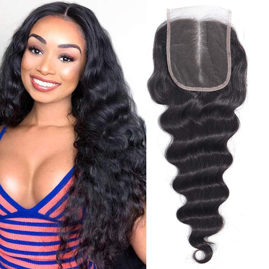 Brazilian Human Hair Closure 20inch 4x4 Loose Deep Weave Lace Closure Middle Part Hand Made Loose Deep Lace Front Closure Natural Black Brazilian Virgin Hair Top Swiss Lace Closure