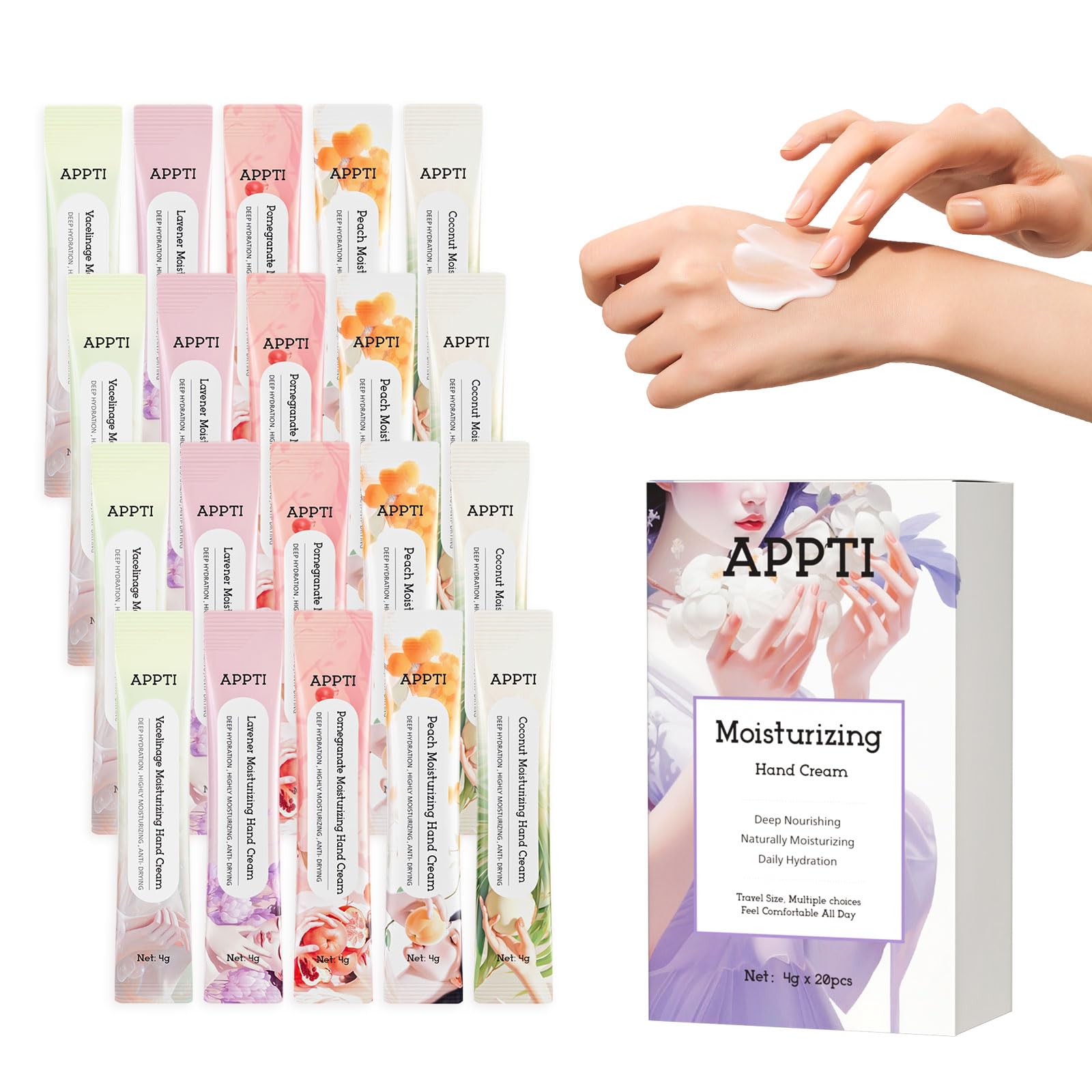 APPTI Moisturising Hand Cream, 4g Hand Lotion for Extremely Dry, Cracked Hands, Travel Size Hand Cream, Variety Fragrance (Multi Color (20P))