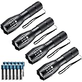 Whaply LED Flashlights,4pack Tactical Flashlight High Lumens Lights with 12Pack AAA Batteries Portable Waterproof Zoomable Flashlight with 5 Mode for Camping/Outdoor/Emergency(Black-4pack)