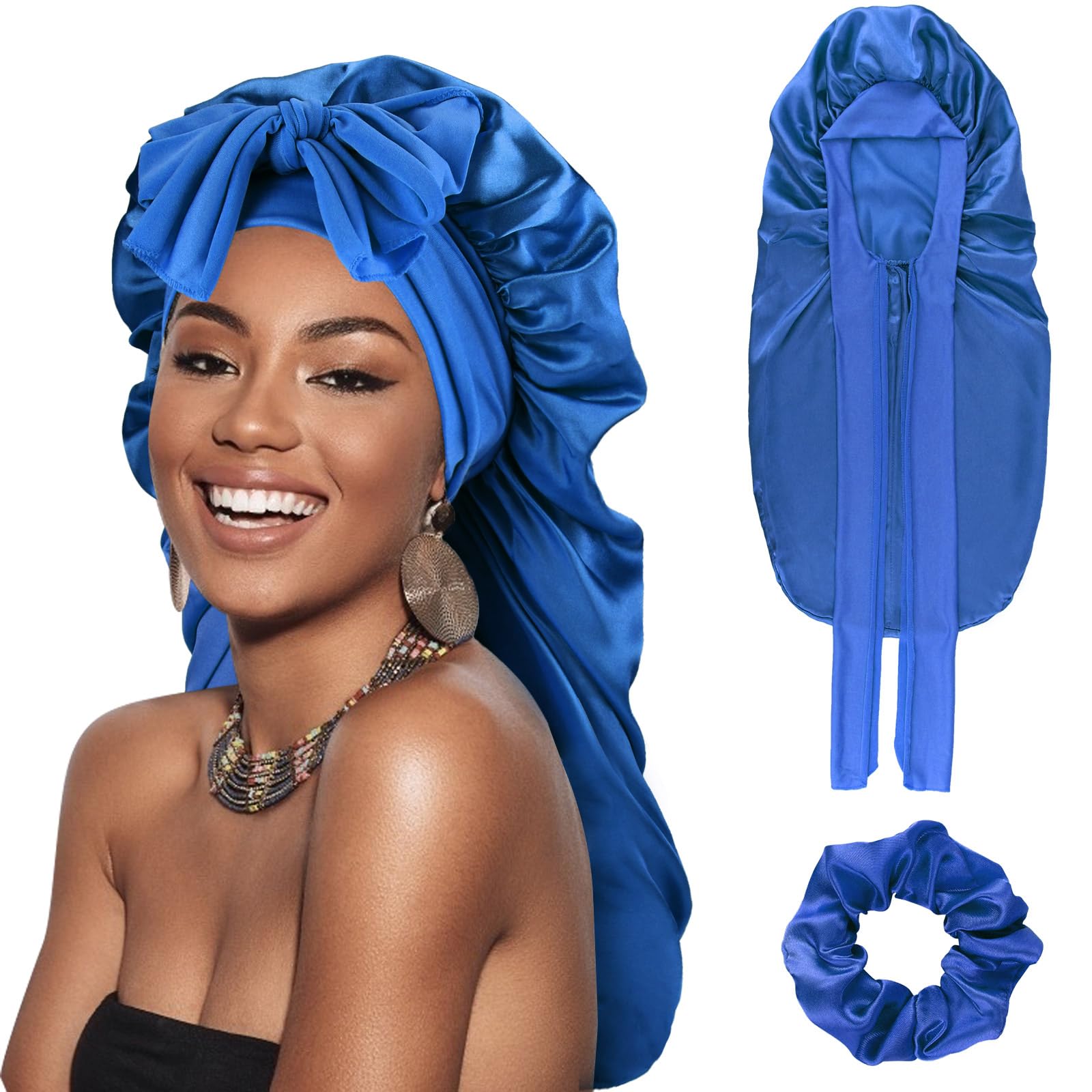 DRESHOW Long Satin Braid Bonnet for Women Silk Bonnet for Sleeping Sleep Cap with Elastic Tie Band Night Cap for Long Curly Hair Locs