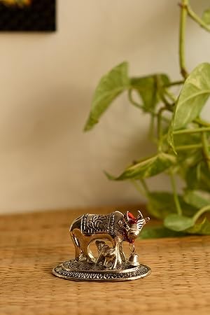 eCraftIndia Metal Handcrafted Cow and Calf Figurine (8 cm x 4 cm x 7 cm, Silver)