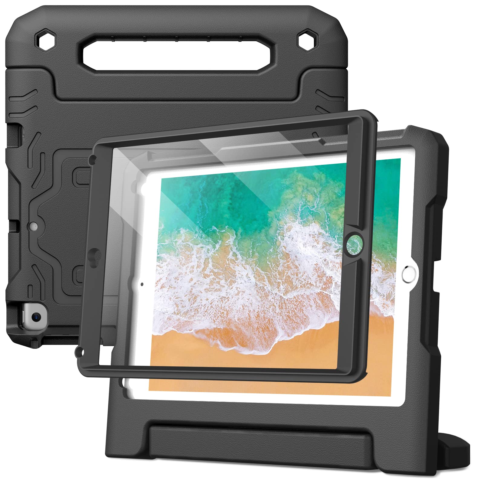 JETech Kids Case for iPad 9.7-Inch (6th/5th Generation, 2018/2017 Model) with Built-in Screen Protector, Shockproof Full-Body Handle Stand Tablet Protective Cover (Black)