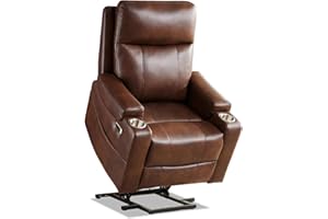 Eiayeebil Triple Motor Power Lift Recliner Chair with Adjustable Lumbar Support, Lay Flat Recliner for Elderly, Breathable Brown Leather Recliner, Lift Chair Massage & Heating, USB Ports, Cup Holders