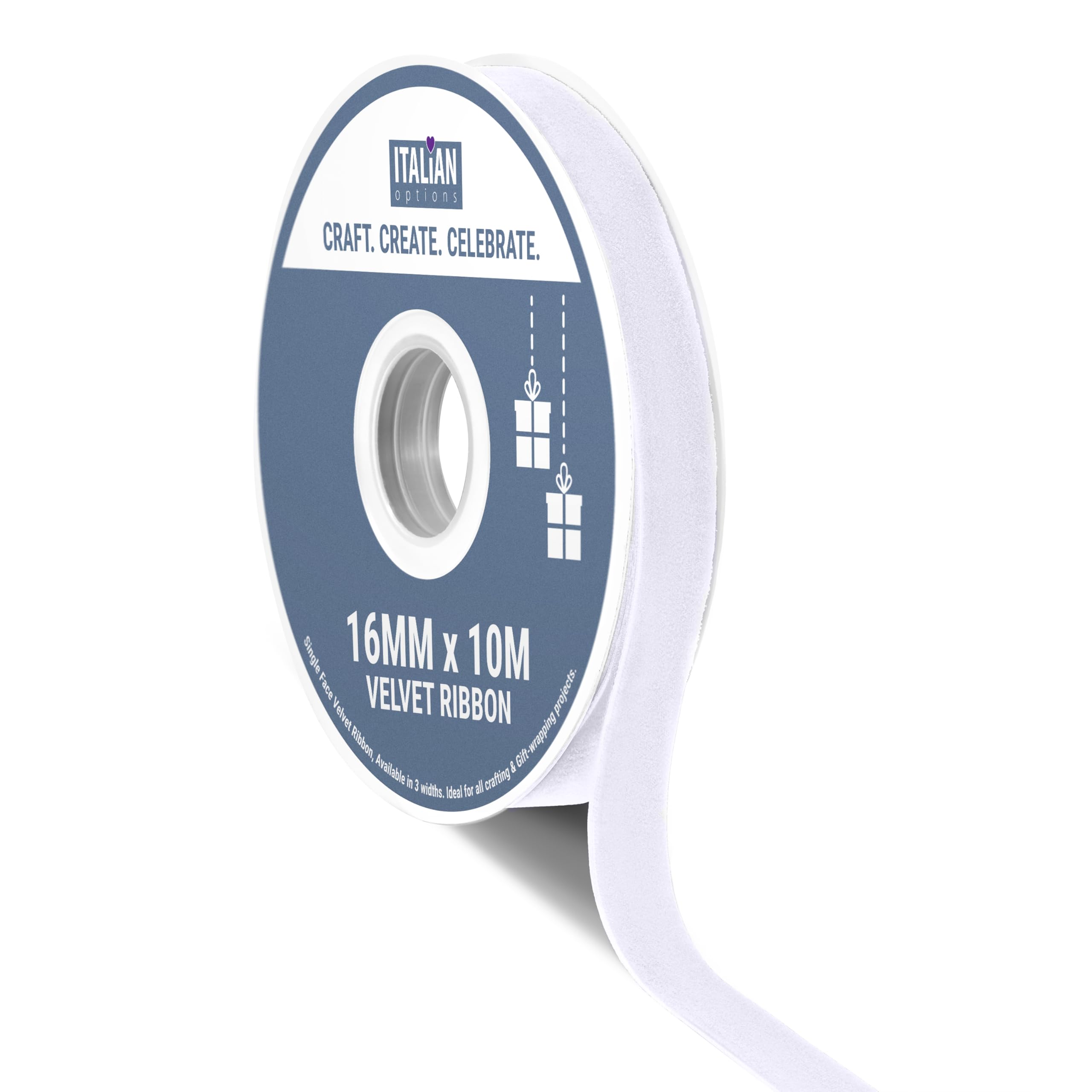 Italian Options Velvet Ribbon, Luxury, Single-Face Velvet Ribbon for Crafting, Christmas, Bows, Hair, Cakes, Weddings, Ornaments, Gift Wrapping, Flowers, 16mm x 10 Metre Roll, White