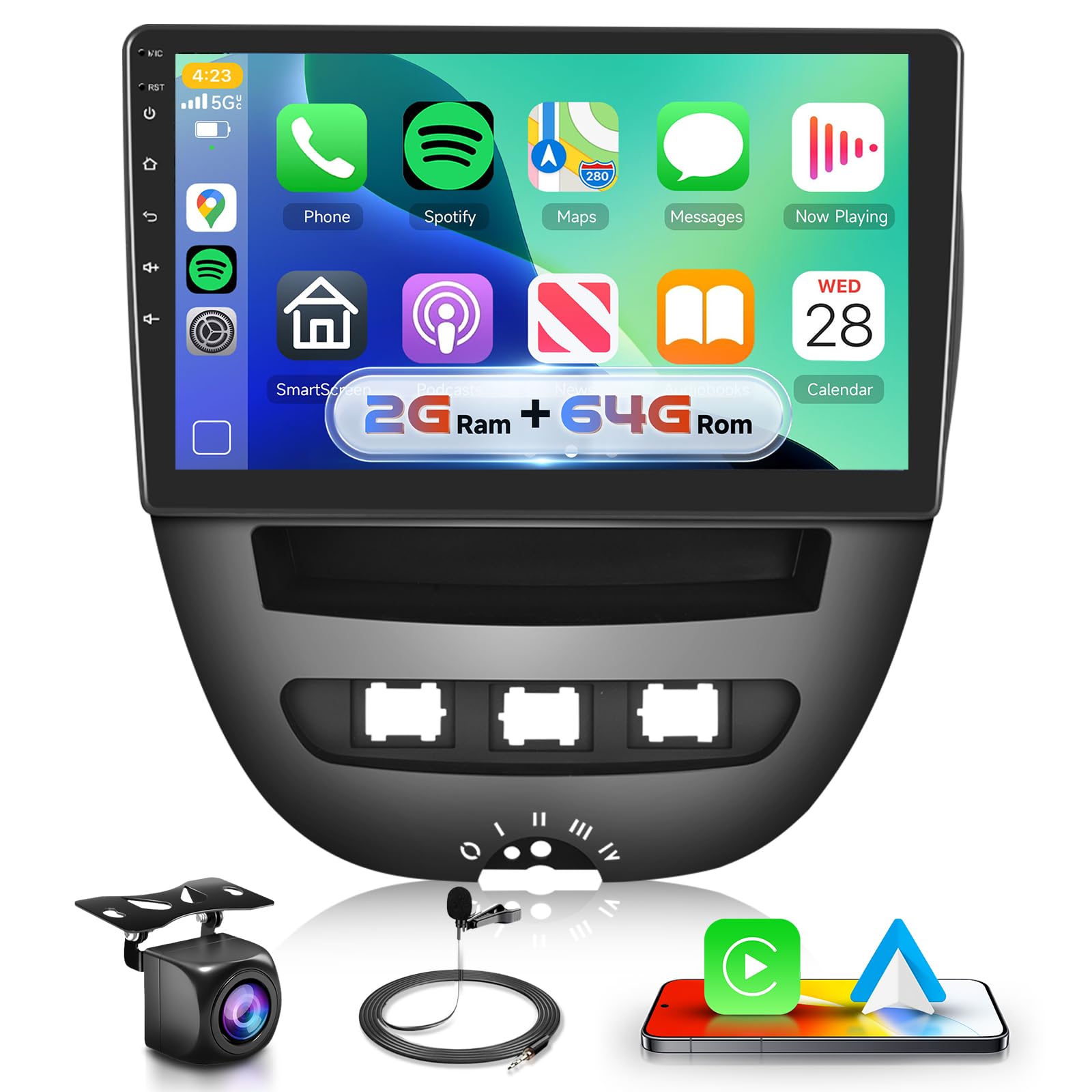 Podofo 2+64G Android 13 Car Stereo for Toyota Aygo/Peugeot 107/Citroen C1 2005-2014 with Wireless CarPlay/Android Auto 10.1” Touch Screen Car Audio with Bluetooth FM/RDS WiFi GPS Navigation HD Camera