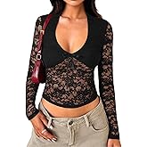 Y2K Lace Crop Top Sexy V-Neck Long Sleeve Slim Fit Stretchy Blouse with Bow for Women Night Out