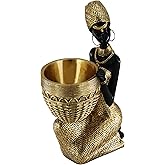 Lescafita Handmade African Tribal Woman Sculpture - Gold Adorned Seated Figure with Basket, Vintage Resin Statue for Home Decor, Unique Housewarming Gift for Shelf/Table (9.65" H)