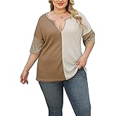 Womens Plus Size Summer Tops Fashion Half Sleeve Waffle Knit Shirts Casual V Neck Colorblock Patchwork Blouses