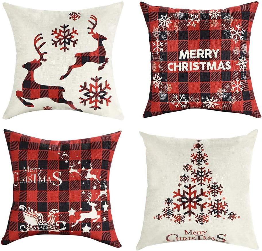 Mimacoo18x18 Christmas Throw Pillow Covers, Decorative Outdoor Farmhouse Merry Christmas Xmas Christmas Tree Pillow Shams Cases Slipcovers Set of 4 for Couch Sofa