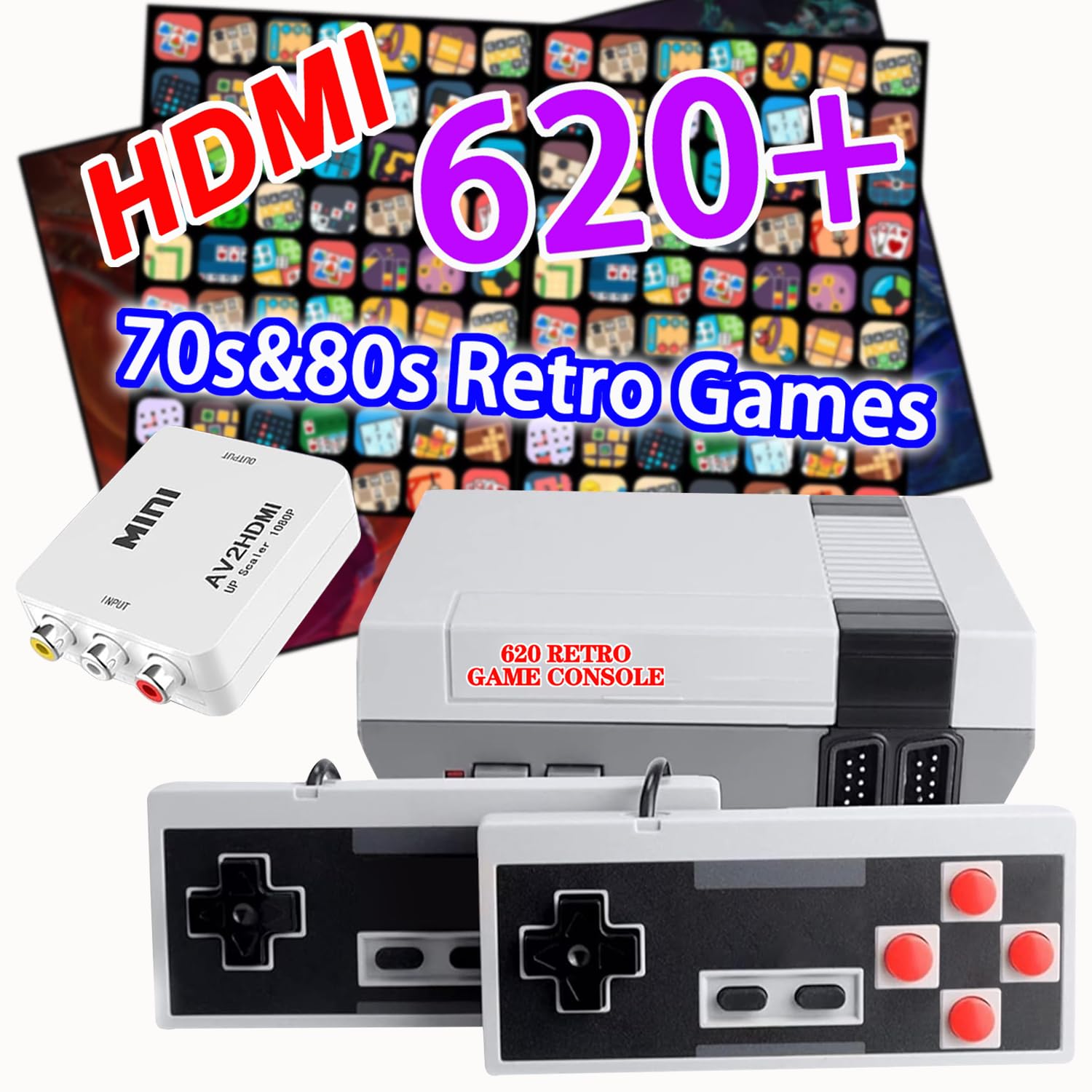 SHEPUDRUC Retro Gaming Console with 620+ Built-in Games, Classic Retro Game Console AV And HDMI Output, 8-Bit Classic Video Gaming Consoles with 2 Controllers for Christmas Birthday Gifts