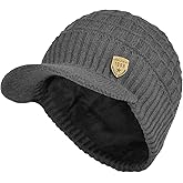 Janey&Rubbins Daily Knit Visor Beanie Hat with Earflaps Fleece Lined Brimmed Skull Ski Cap