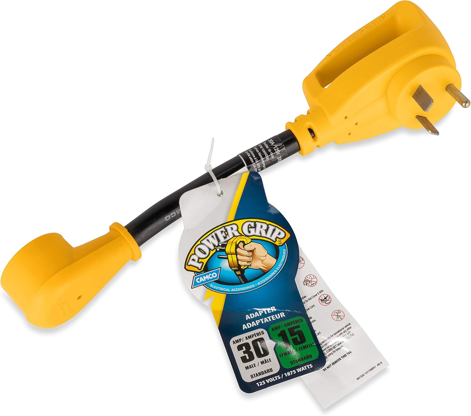 Camco Heavy Duty RV Dogbone Electrical Adapter with Innovative 180 Degree Bend Design and PowerGrip Handle - 30 Amp Male to 15 Amp Female, 12" (55155): Automotive