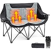 Heated Double Camping Chair for Adults, 4 Heating Zones & 3 Heat Levels, Padded Loveseat Oversize Folding Chair Portable for Outdoor Sports Lawn, Use 5v/3a Power Bank (Not Included)(Black, Gray)