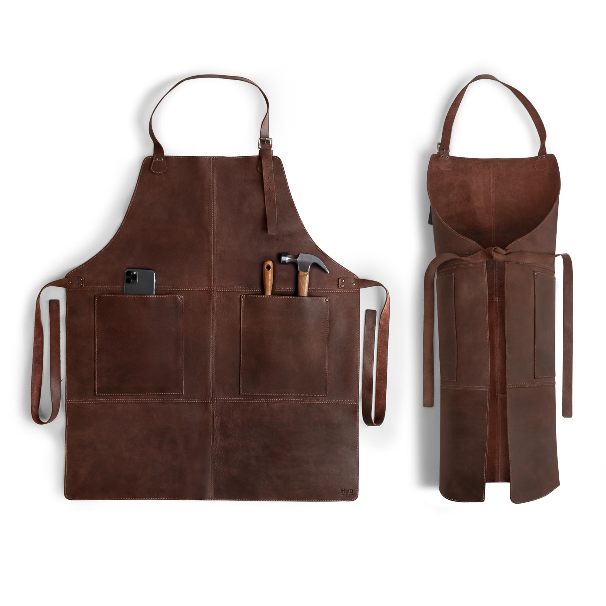 Hide & Drink, Durable Leather Apron, Utility Tool Pockets Adjustable, Butcher Carpenter Blacksmith Heavy Duty Wear, Handmade, Bourbon Brown, One Size