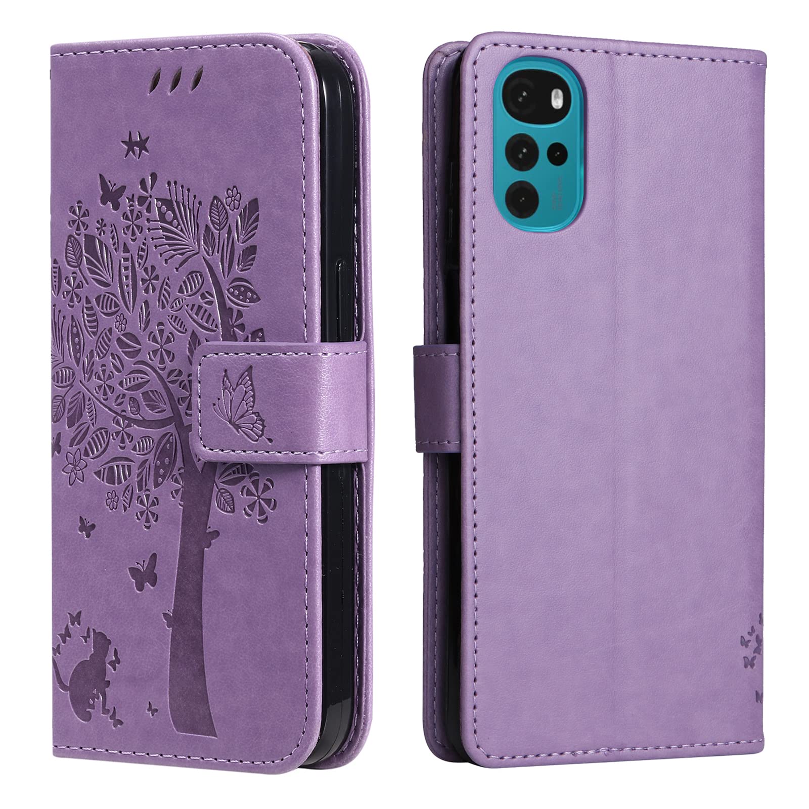 Huzhide Motorola Moto G22 Phone Case, Shockproof PU Leather Wallet Phone Cover Cat & Tree Embossed Flip TPU Bumper Slim Protective Case for Motorola Moto G22 with Card Slots Magnetic Stand, Lavender