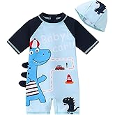 AIWUHE Boys One Piece Swimsuit Toddler Swimwear Rash Guard Suits Short Sleeve Zipper Bathing Suit Beach UPF 50+ with Hat 1-7Y