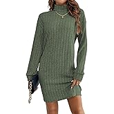 HBQ Women's Pullover Sweater Dress Casual Turtleneck Ribbed Long Lantern Sleeve Mini Knit Dresses 2025 Fashion