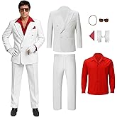 Nonnyer Men White Gangster Suit Costume Shirt Jacket Pants Halloween Cosplay Outfit with Glasses Gloves Necklace