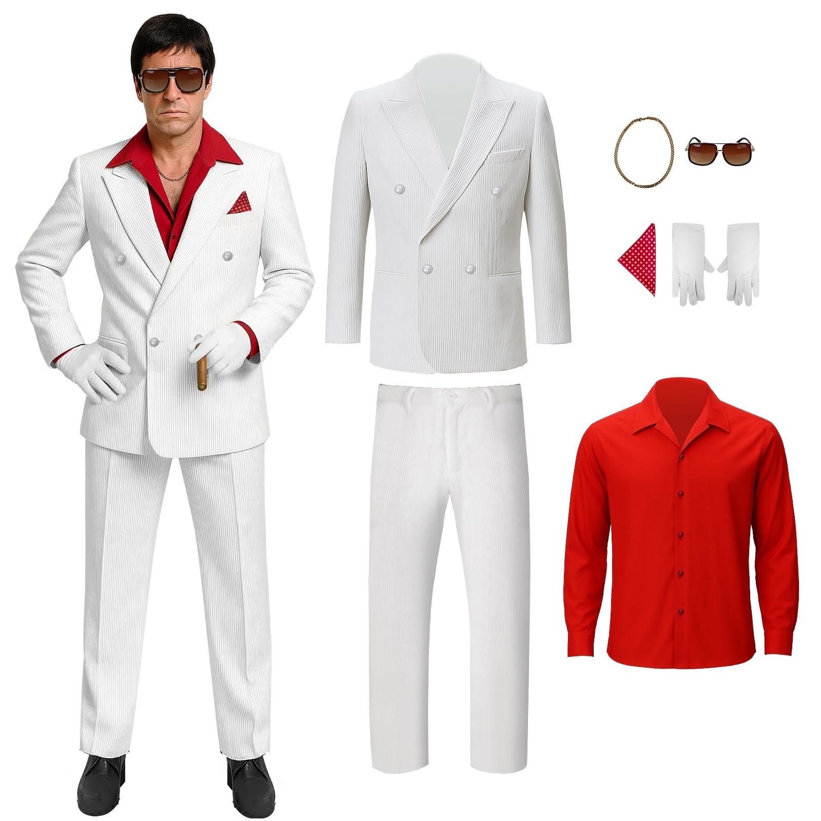 Photo 1 of Nonnyer Men White Gangster Suit Costume Shirt Jacket Pants Halloween Cosplay Outfit with Glasses Gloves Necklace (XX-Large)