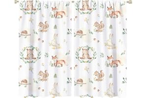 JRETAILAX Watercolor Woodland Baby Animals Blackout Curtains for Bedroom,Cartoon Cute Forest Wildlife Squirrel Bunny Fox Bear Rod Pocket Thermal Insulated Room Darkening Curtains 2 Panels 63L x 36W