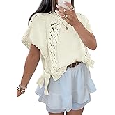 Saodimallsu Womens Summer Crochet Sweaters Batwing Cap Sleeve Cable Knit Crewneck Side Tie Casual Pullover Tops