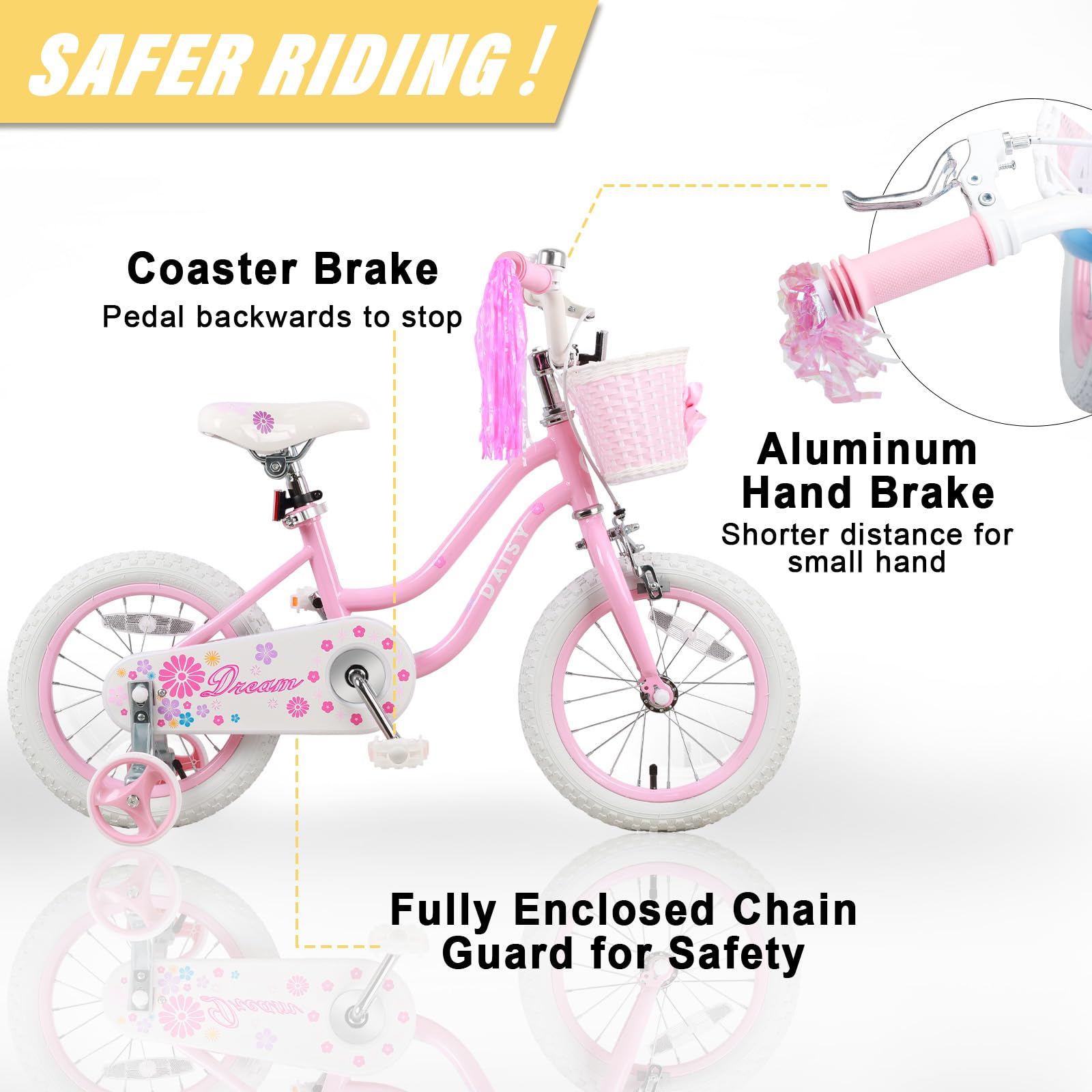 Daisy Girls Bike, 12 14 16 Inch Kids Bike for Ages 2-7 Years Old Children, Princess Style Kids Bicycle with Training Wheels & Basket & Streamers, Multiple Colors