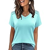 Womens Summer Tops V Neck T Shirts Pleated Short Sleeve Spring Fashion Clothes Aqua