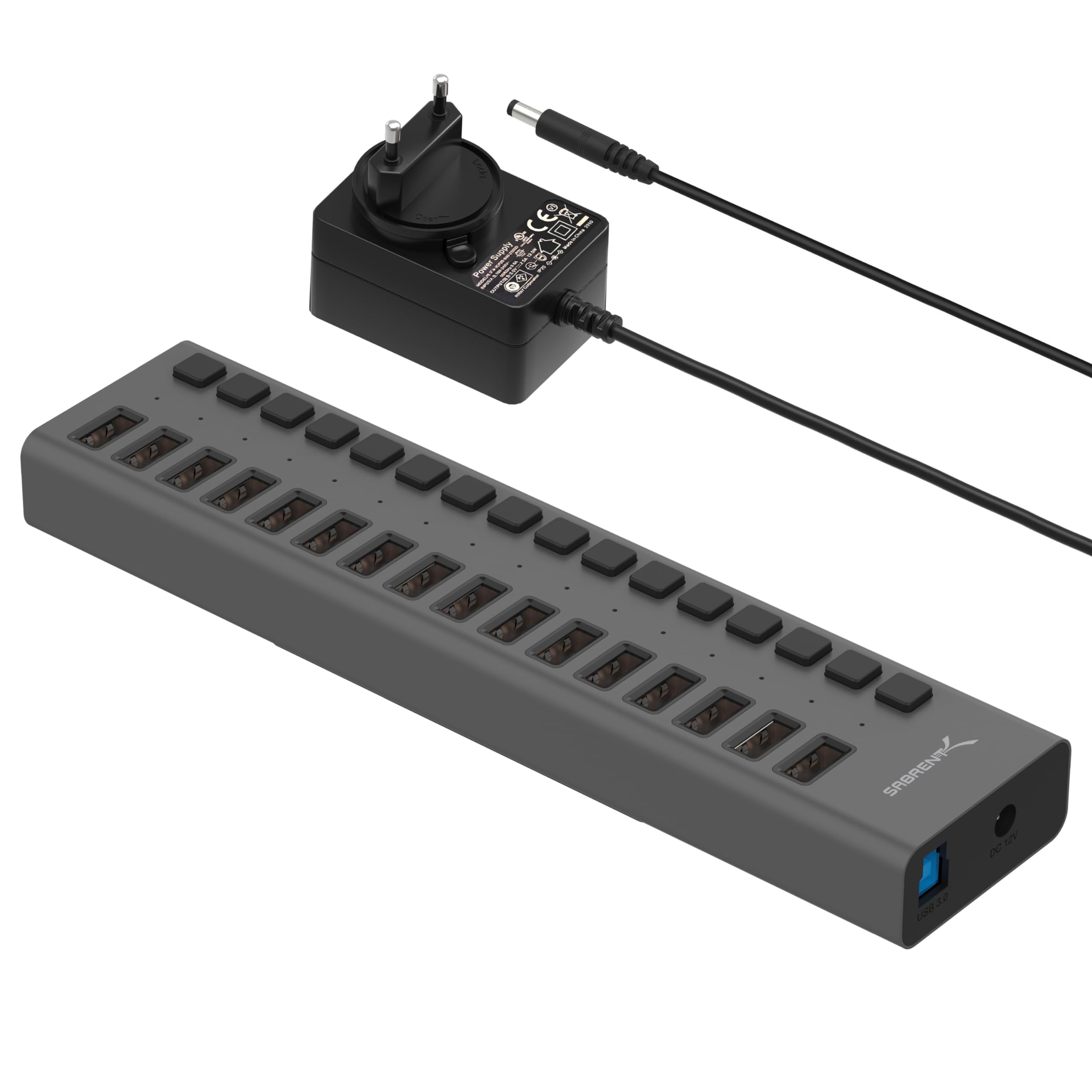 SABRENT 16-Port USB 3.0 Data Hub and Charger with Individual Power Switches, 90W High-Power Output (HB-PU16)