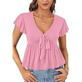 OPOIPIN Women's Deep V Neck Tie Knot Front Ruffle Hem Short Sleeve Blouse Peplum Top