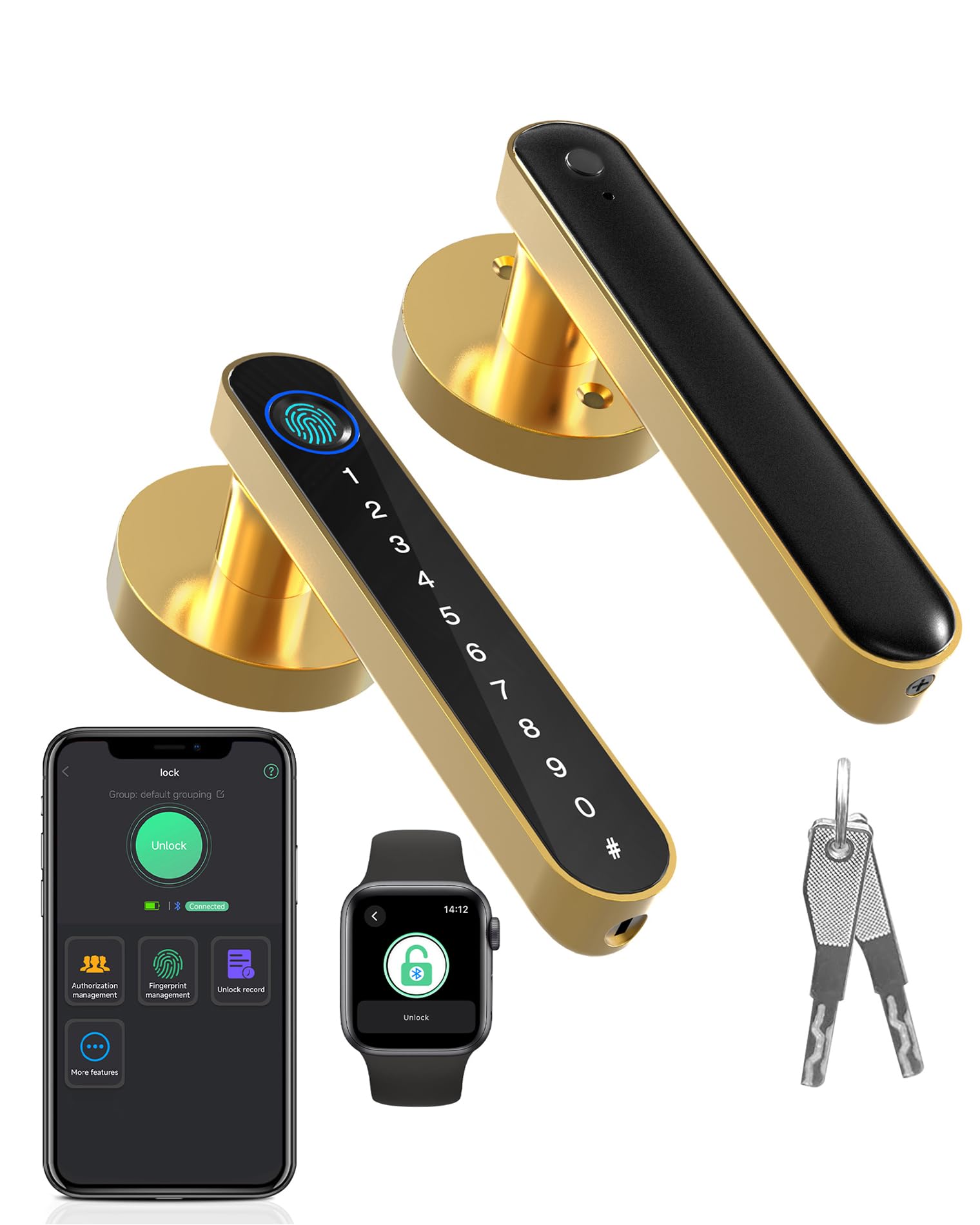Photo 1 of Fingerprint Handle Door Lock Smart Door Lock Levers eLinkSmart Digital Keyless Entry Door Knob Watch App Open Knob Lock for Bedroom Gold