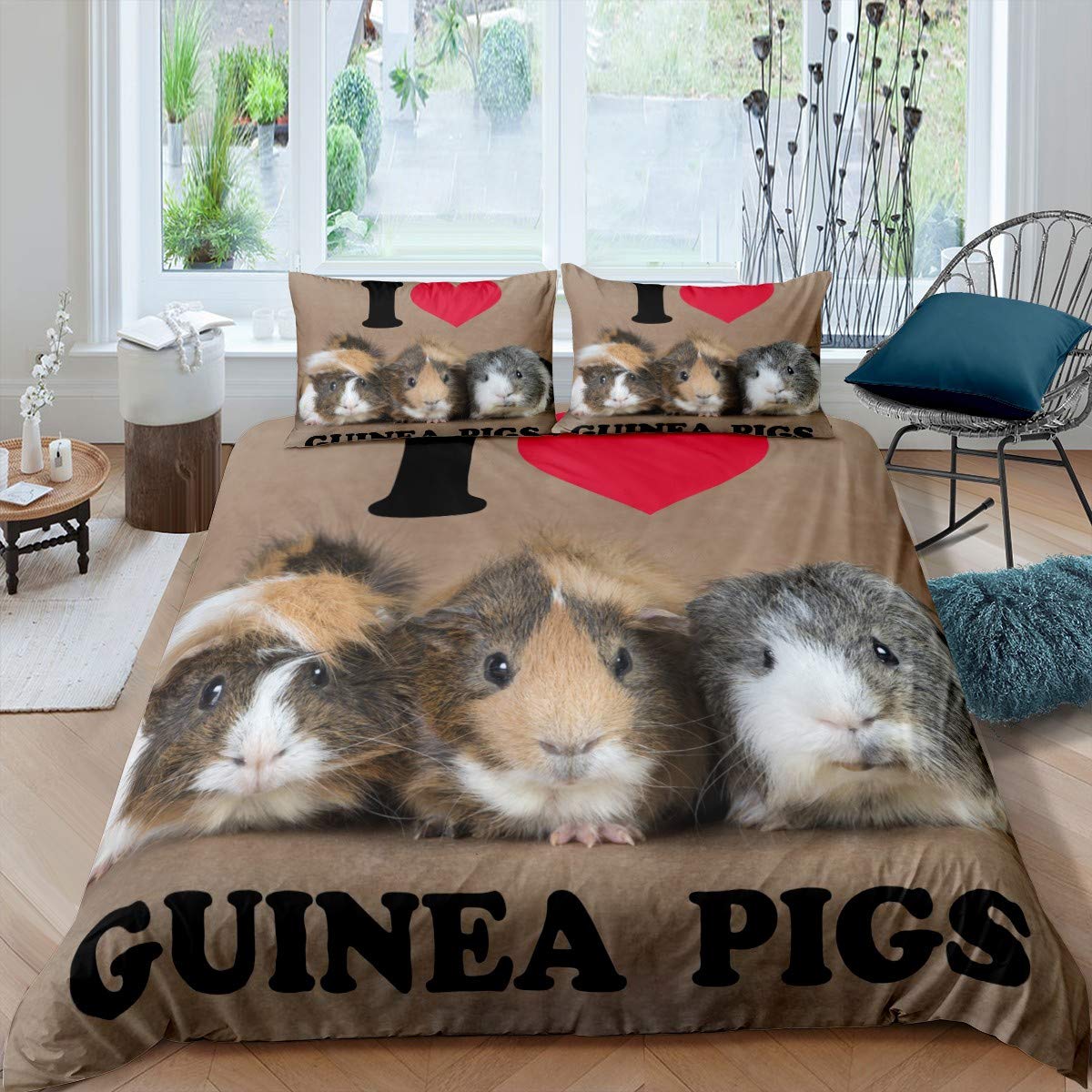 Guinea Pig Bedding Set Three Cute Guinea Pigs Duvet Cover Set for Kids Boys Girls Wild Animal Pattern Comforter Cover Wildlife Bedspread Cover with 1 Pillowcase 2Pcs Bedding Single,Brown