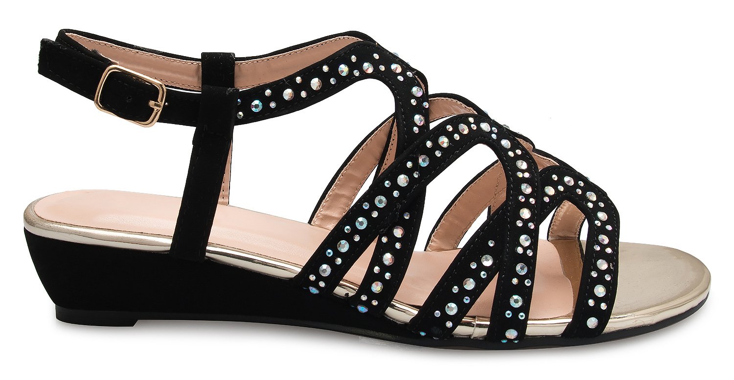 Olivia K Women's Strappy Crisscross Cutout Ankle Strap Buckle Kitten Low Wedge Heel Sandals - Comfortable, Slingback - Image 3