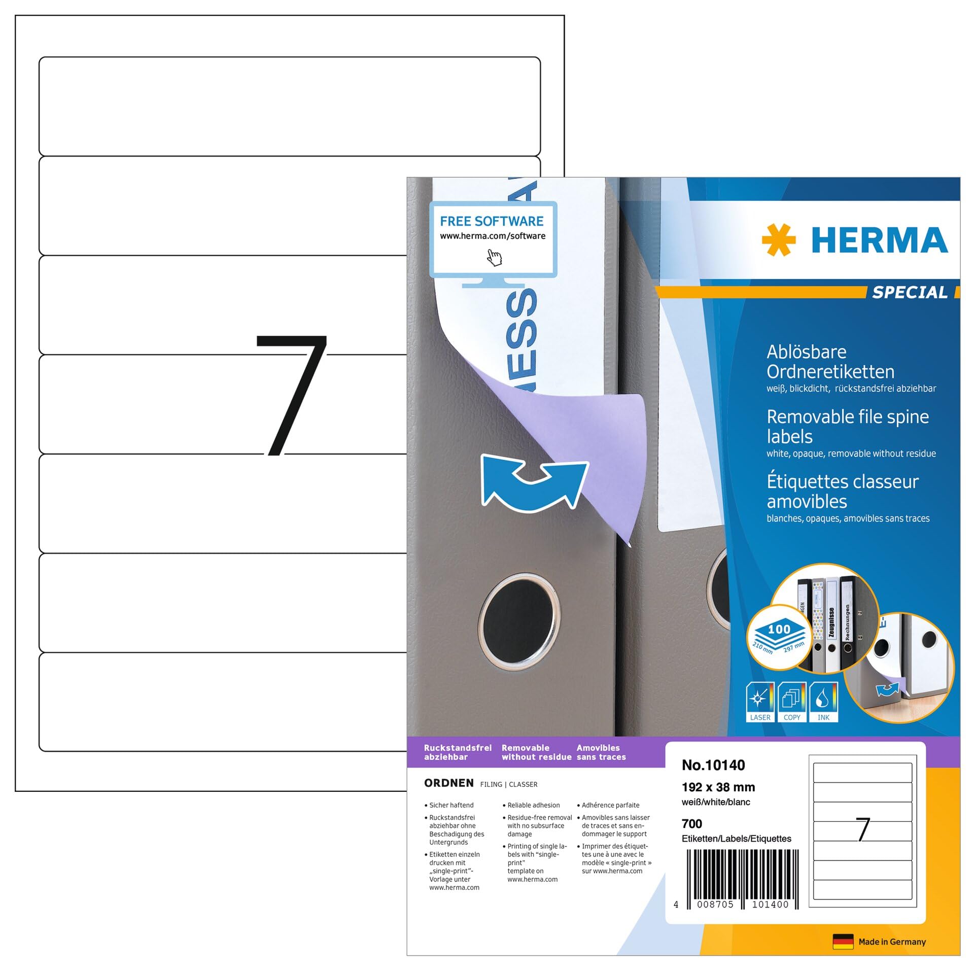 HERMA Self Adhesive Removable Spine Labels, 7 Labels per A4 Sheet, 100 Sheets, 192 x 38 mm, 700 Labels, Blank Lever Arch File Folder Stickers, Sticky Labels for Laser & Inkjet Printer, White