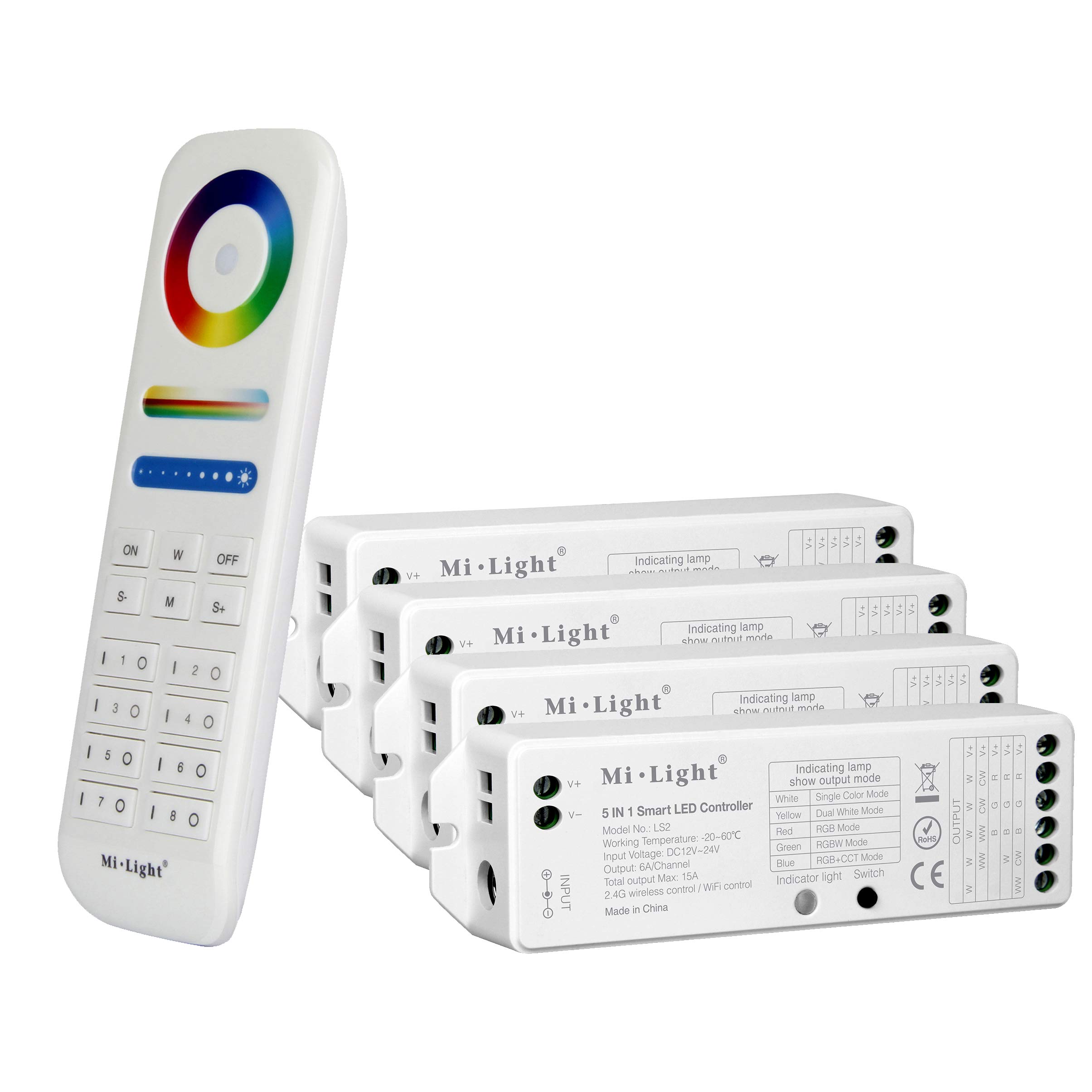 LIGHTEU®, Milight Miboxer Remote Control Kit: pack of 4x 5in1 smart LED Strip controller and a 8-zone remote 4x LS2 + FUT089